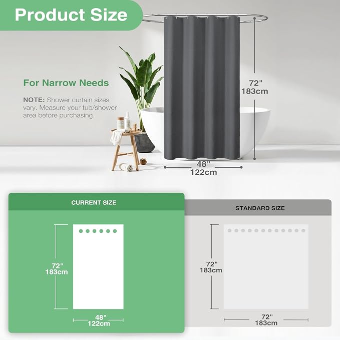 Stall Waffle Shower Curtain 256 GSM Heavy 48"x72" Charcoal Grey | 48 Inch Wide, Thick Cloth, Weighted Hem, Water Repellent, Hotel Luxury Polyester Shower Curtain Set for Bathroom 8 Hooks