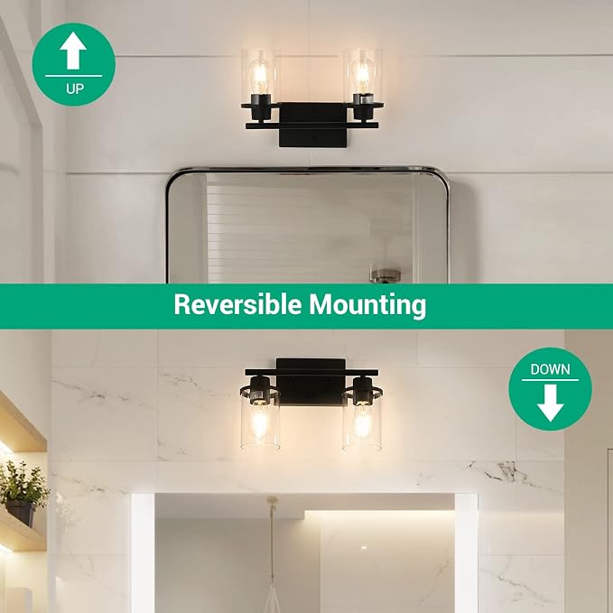 EDISHINE Bathroom Light Fixtures, 2-Light Bathroom Vanity Light with Clear Glass Shades, Matte Black Vanity Lights, Vintage Wall Sconces for Bedroom Living Room Hallway, E26 Base (Bulbs Not Included) | E26 Base (Bulbs Not Included), Vintage Wall Sconce...