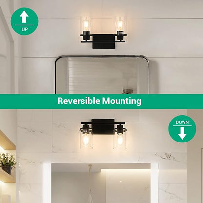 EDISHINE Bathroom Light Fixtures, 2-Light Bathroom Vanity Light with Clear Glass Shades, Matte Black Vanity Lights, Vintage Wall Sconces for Bedroom Living Room Hallway, E26 Base (Bulbs Not Included) | E26 Base (Bulbs Not Included), Vintage Wall Sconce...