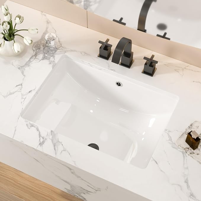 White Ceramic 22"x15" Undermount Bathroom Lavatory Sink | Rectangle under counter white bathroom vessel vanity sink for bathroom