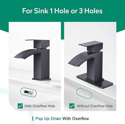 CREA Matte Black Waterfall Bathroom Faucet 1 Hole Single Handle Bathroom Sink Faucet with Pop Up Drain,Stainless Steel RV Vanity Faucet Basin Mixer Tap 3 Hole Plate Water Supply Line