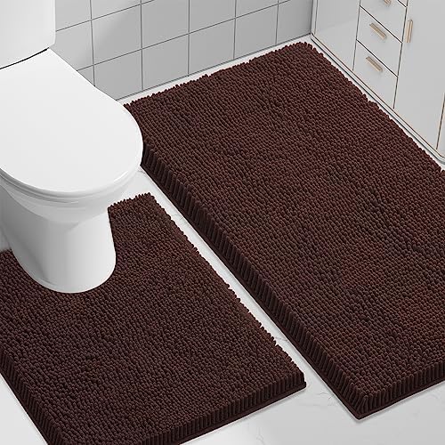 Smiry Chenille Bathroom Rugs Sets 2 Piece (30x20+ U Shape 24x20, Brown)