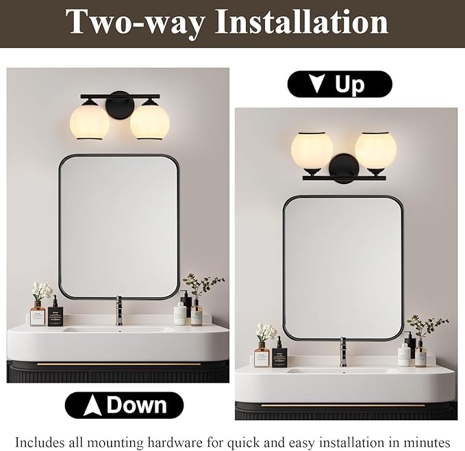 Milk Glass Bathroom Vanity Light Over Mirror, 2 Light Matte Black Bathroom Light Fixtures with Frosted Globe Glass Shade, Modern Vanity Lighting Wall Mounted