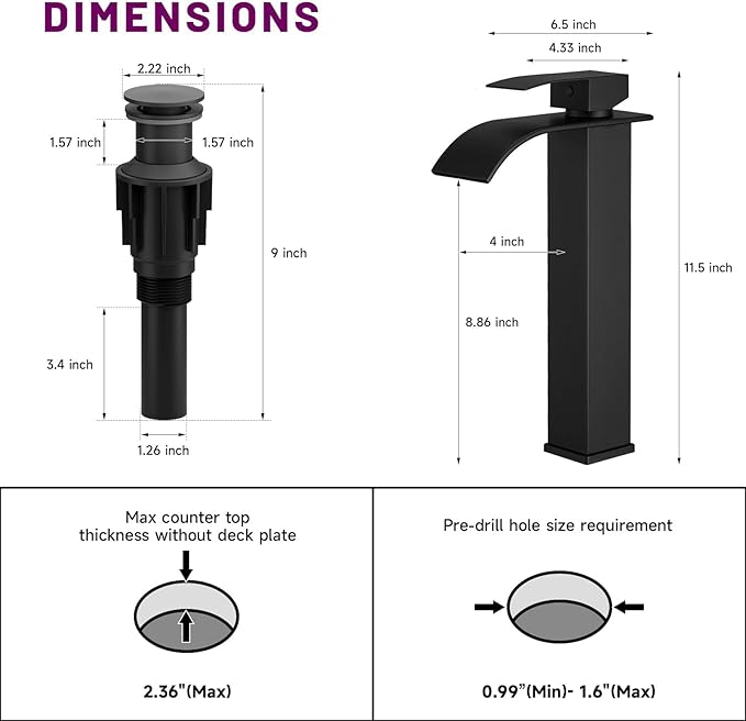 Vessel Sink Faucet Black Waterfall Bathroom Faucet with Drain Assembly | Stainless Steel,Single Handle One Hole,Deck Mount,Modern Bowl Sink Faucet,with 3/8" Supply Hose,Lead-Free by Bathfinesse