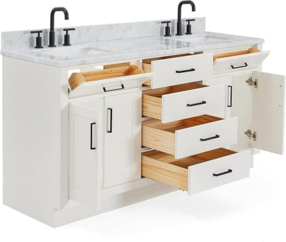 ARIEL Hepburn 66-inch Bathroom Vanity with Sink,Solid Wood, 0.75-inch Italian Carrara Marble Countertop, Double Rectangular Porcelain Sink, 4 Soft Closing Doors, 6 Dovetail Drawers, White