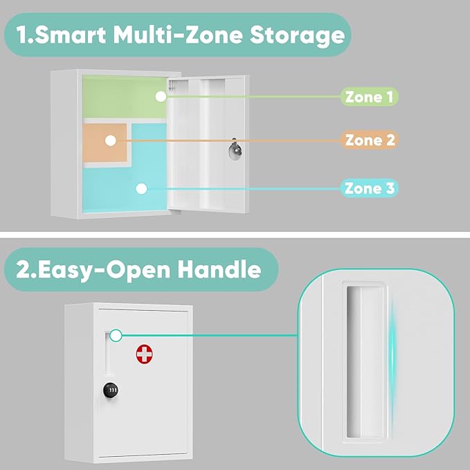 Wall Mount Locking Medicine Cabinet, Empty Metal Medicine Storage Box with All-Metal Digit Lock, Bathroom Cabinet Organizer Over the Toilet, Keyless First Aid Box for Home School Business