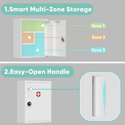 Wall Mount Locking Medicine Cabinet, Empty Metal Medicine Storage Box with All-Metal Digit Lock, Bathroom Cabinet Organizer Over the Toilet, Keyless First Aid Box for Home School Business