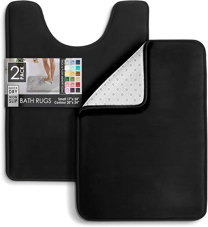Clara Clark 2 Piece Bathroom Rugs, Velvet Memory Foam Bath Mat Set, Non-Slip Bath Rugs, Machine Wash, Dries Quickly, Ultra Soft Plush Bath Mats for Bathroom, 17 x 24 + Contour, Black