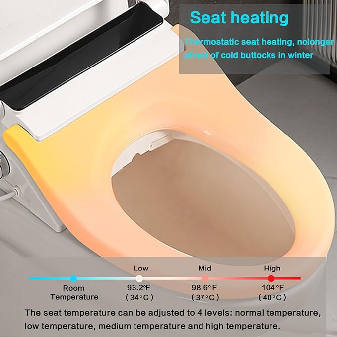 Electric Heated Bidet Toilet Seat, Warm Water, Smart Heated Water Luxury Toilet Seat with Remote Control,with dryer, Night Light, Self-Cleaning Nozzle, Temperature Control
