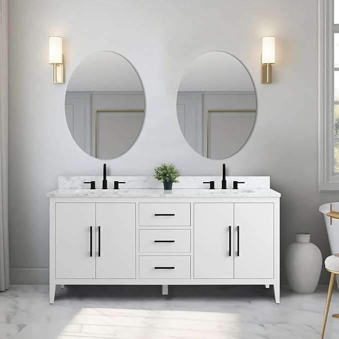 Vanity Art 72 inch Bathroom Vanity with Double Sink & Ceramic Top, Vanity Cabinet with Soft-Closing Doors, Drawers, Solid Wood Frame, White, Matte Black Handware