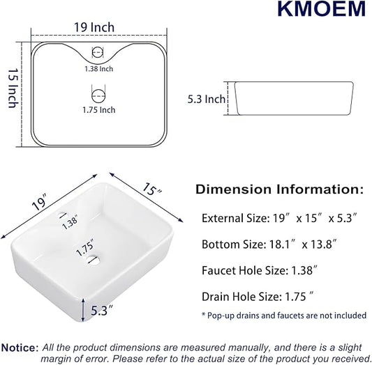 Vessel Sink 19"x15" Rectangular Bathroom Sink Modern White Porcelain Ceramic Above Counter Drop-in Vanity Sink for Bathrooms Art Basin with Faucet Hole