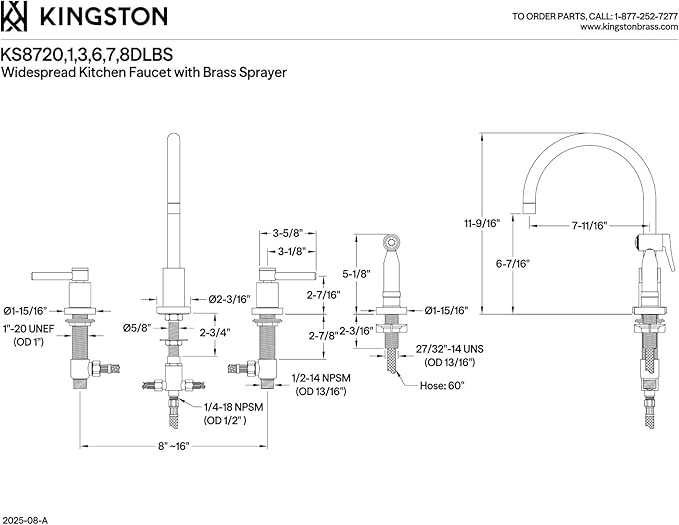 Kingston Brass KS8721DLBS Concord 8-Inch Widespread Kitchen Faucet with Brass Sprayer, Polished Chrome