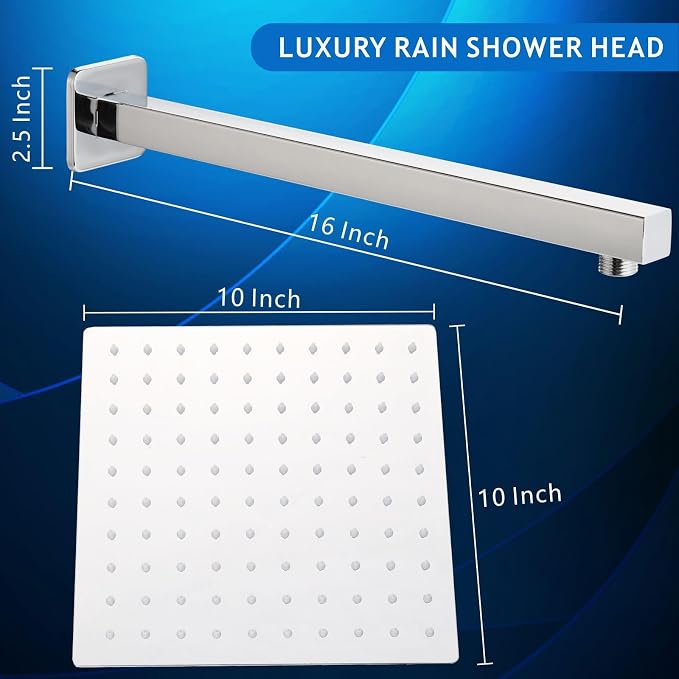 Voolan All Metal Shower Head with Extension Arm, Stainless Steel Waterfall Rainfall Showerheads, High Flow Bathroom Square Rain Shower Head (10’’ Shower Head with 16’’ Shower Arm, Chrome)