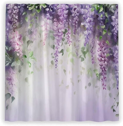 Purple Floral Lavender Flower Shower Curtain Spring Watercolor Weeping Wisteria Blossom Vine Leaves on Blurred Background with Dreamy Colors Girl Woman Bathroom Decor Set Polyester Curtains with Hooks