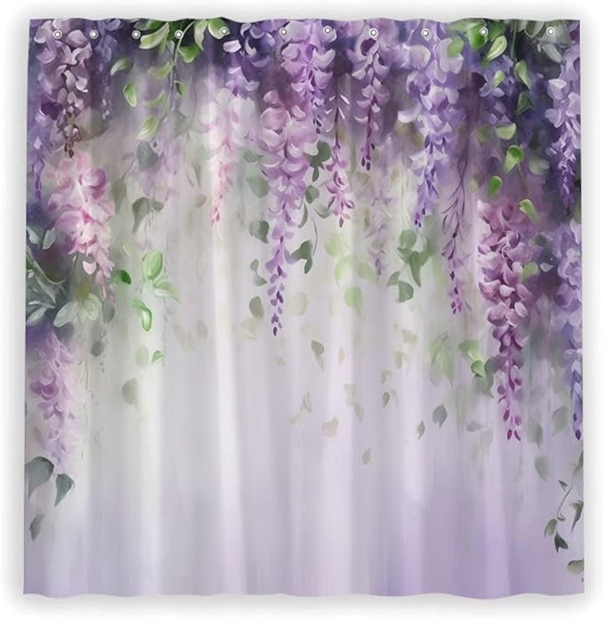 Purple Floral Lavender Flower Shower Curtain Spring Watercolor Weeping Wisteria Blossom Vine Leaves on Blurred Background with Dreamy Colors Girl Woman Bathroom Decor Set Polyester Curtains with Hooks
