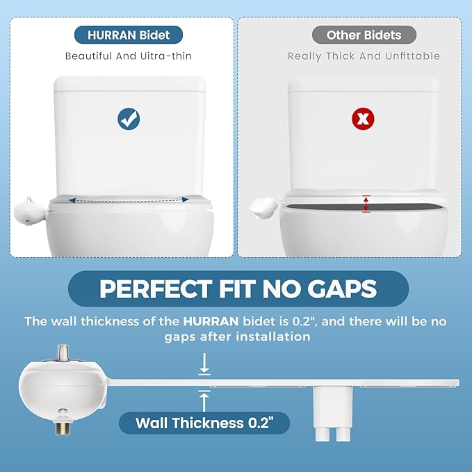 Hurran Ultra-Slim Bidet Attachment for Toilet, Retractable Dual Nozzles for Hygienic Posterior & Feminine Wash, Non-Electric with Adjustable Cold Water Pressure, Stainless Steel Inlet (Blue/White)