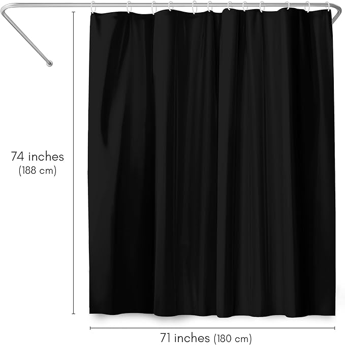 Americanflat 71x74 Solid Black Shower Curtain - Water-Resistant Long Shower Curtain with Durable Metal Grommets and 12 Hooks - 100% Polyester