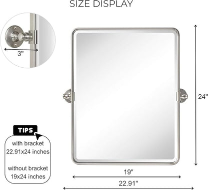 Farmhouse Nickel Metal Framed Pivot Rectangle Bathroom Mirror Rounded Rectangluar Tilting Beveled Vanity Mirrors for Wall, Overall 22.91 x 24 inches (Mirrror 19 x 24 inches)