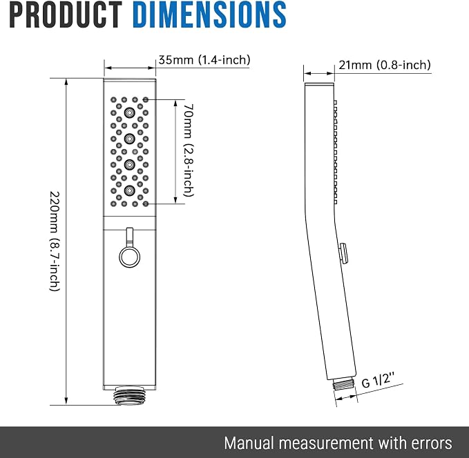 G-Promise All Metal Square 3 Function Handheld Shower Head(Brushed Nickel) | All Metal Construction, 3 Function Modes with Massage, Modern Look, Push Switch, Easy Installation