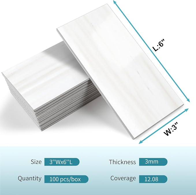 Vamos Tile 100-Piece Glossy Dolomite White Peel and Stick Backsplash Tile,3''x6'' PVC Subway Tile with White Grout, Stick on Backsplash for Kitchen/Bathroom/Fireplace