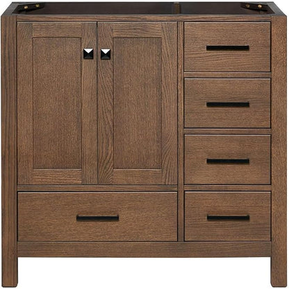 ARIEL Cambridge 36-inch Bathroom Vanity Base Cabinet,Solid Wood, 2 Soft Closing Doors, 5 Dovetail Drawers, Brown Oak