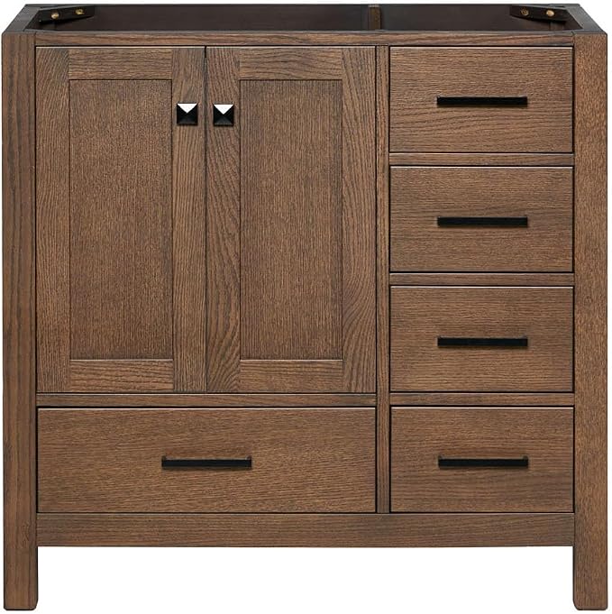 ARIEL Cambridge 36-inch Bathroom Vanity Base Cabinet,Solid Wood, 2 Soft Closing Doors, 5 Dovetail Drawers, Brown Oak