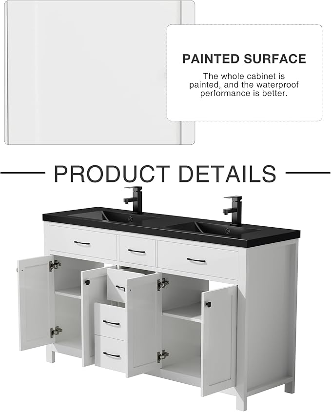 LUCKWIND 60" Bathroom Vanity and Black Sink Combo, Painted Modern Bathroom Storage Cabinet with Double Large Black Sink, Four Doors and Three Drawers, Include Faucet, Without Mirror, White
