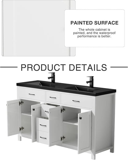 LUCKWIND 60" Bathroom Vanity and Black Sink Combo, Painted Modern Bathroom Storage Cabinet with Double Large Black Sink, Four Doors and Three Drawers, Include Faucet, Without Mirror, White