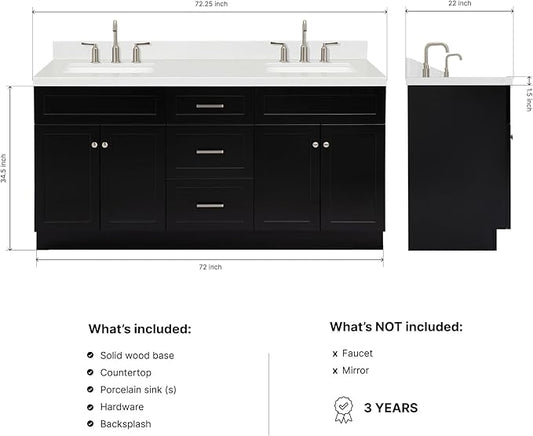 ARIEL Hamlet 72-inch Bathroom Vanity with Sink,Solid Wood, 1.5-inch Carrara White Quartz Countertop & Backsplash, Double Rectangular Porcelain Sink, 4 Soft Closing Doors, 3 Dovetail Drawers, Black