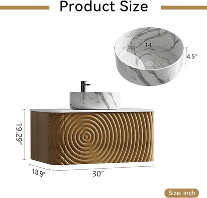 30" Floating Bathroom Vanity with Sink, Mid-Century Wall Mounted Bathroom Vanity Cabinet with Waved Decor, Marble Ceramic Basin, Sintered Stone Top, Soft Close Storage Drawer, Natural