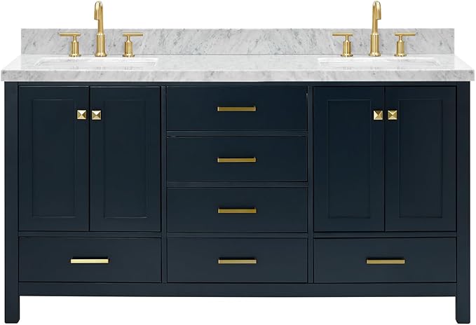 ARIEL Cambridge 66-inch Bathroom Vanity with Sink,Solid Wood, 1.5-inch Italian Carrara Marble Countertop, Double Rectangular Porcelain Sink, 4 Soft Closing Doors, 6 Dovetail Drawers, Midnight Blue