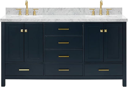 ARIEL Cambridge 66-inch Bathroom Vanity with Sink,Solid Wood, 1.5-inch Italian Carrara Marble Countertop, Double Rectangular Porcelain Sink, 4 Soft Closing Doors, 6 Dovetail Drawers, Midnight Blue
