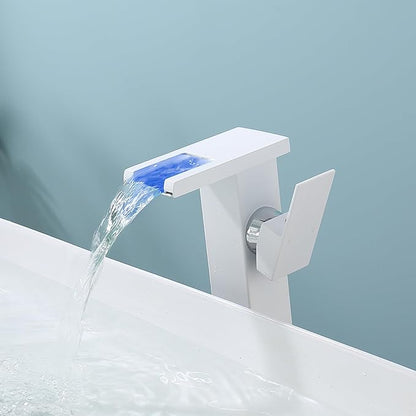 LED Waterfall Bathroom Sink Faucet, 3 Colors Spout Faucet with Water Supply Hose, Single Handle Single Hole Slanted Body Brass Mixer Vanity Sink Tap (White
