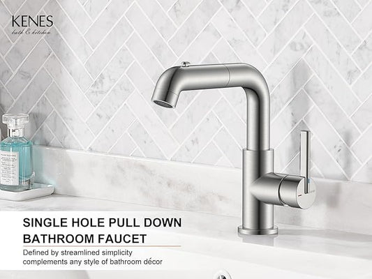 KENES Single Hole Bathroom Faucet with Pull Out Sprayer, Brushed Nickel Single Handle Pull Down Bathroom Faucets, Vanity Faucet with Pop Up Drain & Deck Plate, LJ-9055A
