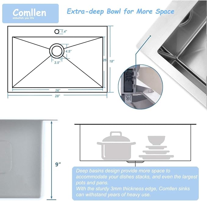 Comllen 28 inch Drop in Kitchen Sink, 28x18 inch Topmount Stainless Steel Sink, 18 Gauge T304 Single Bowl Kitchen With Strainer