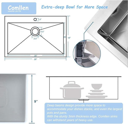 Comllen 28 inch Drop in Kitchen Sink, 28x18 inch Topmount Stainless Steel Sink, 18 Gauge T304 Single Bowl Kitchen With Strainer