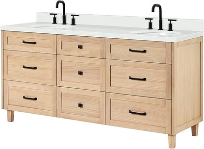 ARIEL Monroe 72-inch Bathroom Vanity with Sink,Solid Wood, 1.5-inch Pure White Quartz Countertop & Backsplash, Double Rectangular Porcelain Sink, 9 Dovetail Drawers, Matte Black, White Oak