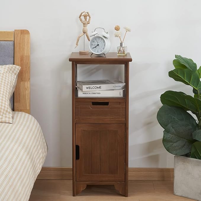 30 Inches Tall End Table, Fully Assembled Bathroom Floor Cabinet with Shelf and Storage, No Assembly Nightstand with Drawer for Bedroom-Walnut