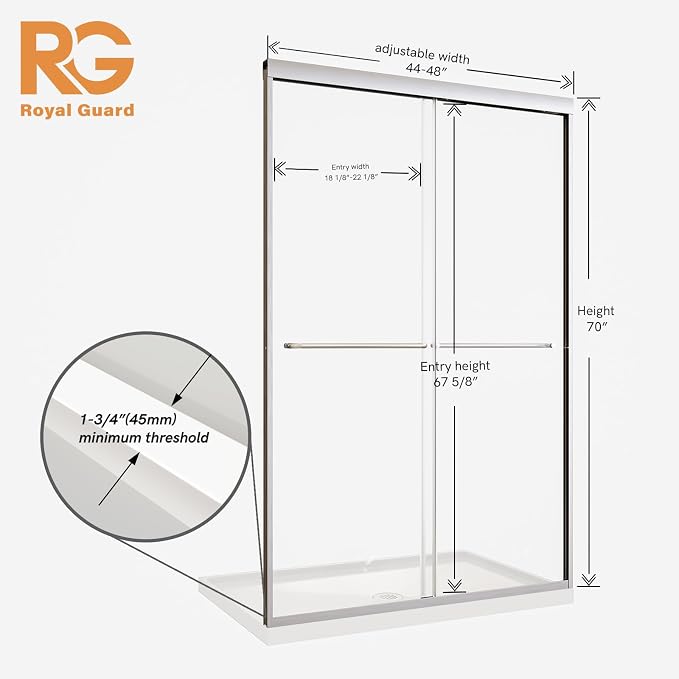 Royal Guard Double Sliding Shower Door,44-48" W x 70" H，Brush Nickel | Shower Doors with 6mm Clear SGCC Tempered Glass,Bypass Shower Enclosure,Nano Coating Easy Clean&Waterproof&Adjustable Width