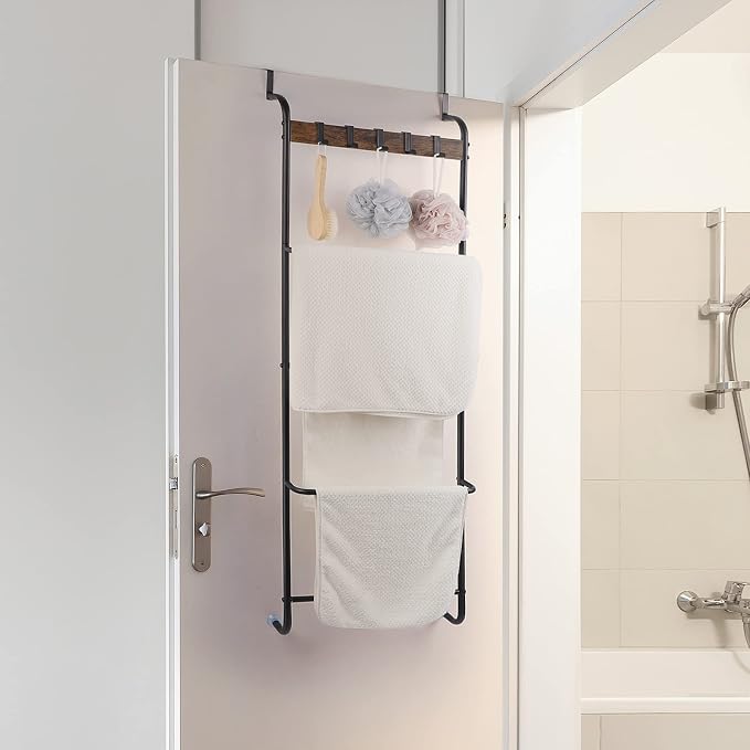 Over The Door Towel Rack Bathroom Behind Door Towel Holder with Hooks 5 Tier Over The Door Towel Bar Hanger Organizer for Bathroom Bedroom Bathroom Accessories, Metal (Black)