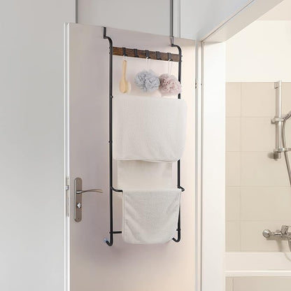Over The Door Towel Rack Bathroom Behind Door Towel Holder with Hooks 5 Tier Over The Door Towel Bar Hanger Organizer for Bathroom Bedroom Bathroom Accessories, Metal (Black)