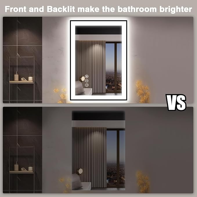 EchosLife 28x36 LED Bathroom Mirror for Wall - Black Aluminum Framed | Black Frame, Front and Backlit, Anti-Fog, Stepless Dimmable, 3 Colors, Memory, Tempered Glass, UL Listed, Horizontal/Vertical