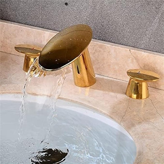 Basin Faucet Brushed Gold Bathroom Sink 3 Hole Widespread Rose Mixer Hot and Cold Waterfall Tap New-Gold(Gold)