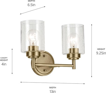 Kichler Winslow 13" 2-Light Vanity Light with Clear Seeded Glass in Natural Brass for Bathroom Vanity, Luxe Industrial, (13" x 9.25"), 45885NBR
