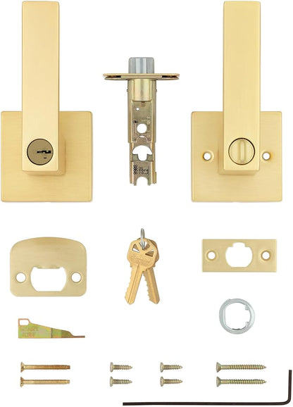 Kwikset Singapore Entry Door Handle with Lock and Key, Secure Keyed Reversible Lever Exterior, for Front Entrance and Bedrooms, Satin Brass, Pick Resistant Smartkey Rekey Security and Microban
