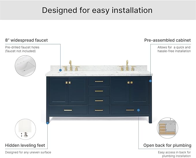 ARIEL Cambridge 72-inch Bathroom Vanity with Sink,Solid Wood, 1.5-inch Italian Carrara Marble Countertop, Double Rectangular Porcelain Sink, 4 Soft Closing Doors, 6 Dovetail Drawers, Midnight Blue