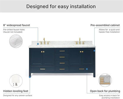 ARIEL Cambridge 72-inch Bathroom Vanity with Sink,Solid Wood, 1.5-inch Italian Carrara Marble Countertop, Double Rectangular Porcelain Sink, 4 Soft Closing Doors, 6 Dovetail Drawers, Midnight Blue