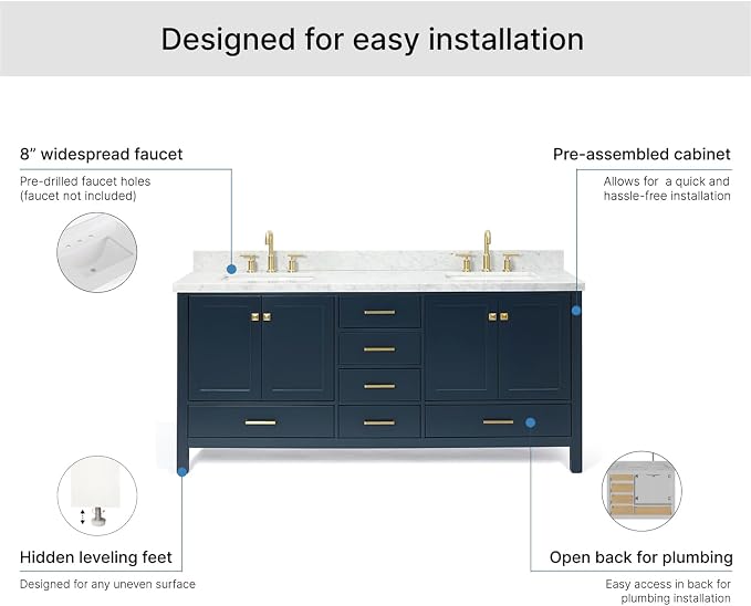 ARIEL Cambridge 72-inch Bathroom Vanity with Sink,Solid Wood, 1.5-inch Italian Carrara Marble Countertop, Double Rectangular Porcelain Sink, 4 Soft Closing Doors, 6 Dovetail Drawers, Midnight Blue