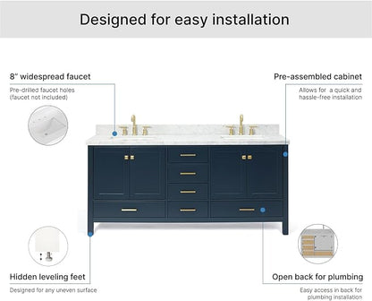 ARIEL Cambridge 72-inch Bathroom Vanity with Sink,Solid Wood, 1.5-inch Italian Carrara Marble Countertop, Double Rectangular Porcelain Sink, 4 Soft Closing Doors, 6 Dovetail Drawers, Midnight Blue