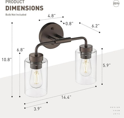 zeyu 2-Light Bronze Vanity Light for Bathroom, Clear Glass, ZS62B-2W ORB | Farmhouse Bathroom Wall Sconce, Clear Glass Shades, Oil Rubbed Bronze, 2-Light Design, Hardwired, Up/Down Mount, ETL Listed